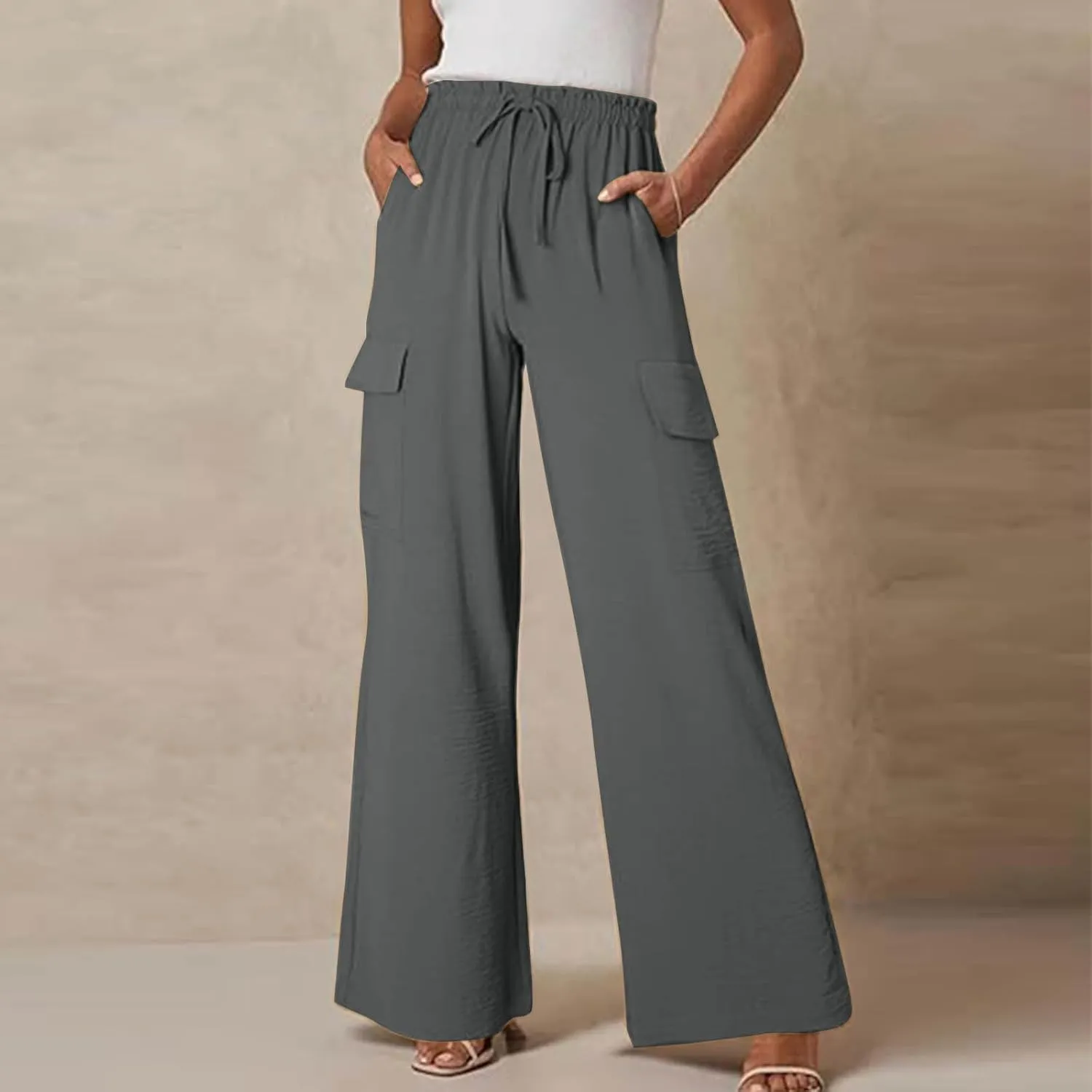 jovati High Waist Pants for Womens Linen Wide Leg Drawstring Waist Trousers Boho Business Casual Pants with Pockets