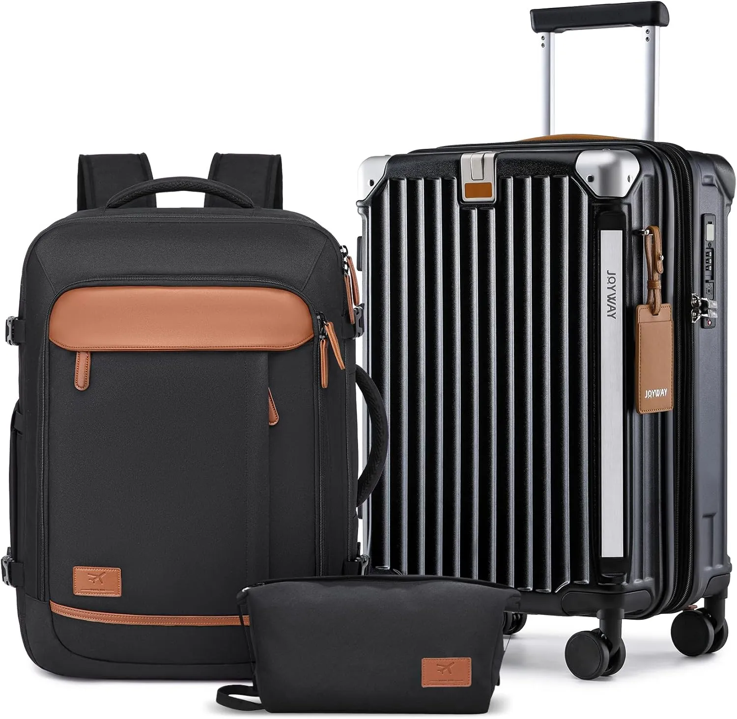 Joyway 20in Carry On Luggage with Cup Holder and USB Port, 25% Expandable Capacity, Smart Suitcase with Anti Slip Wheels and Backpack, Perfect for Men and Women 3 Piece Set Black