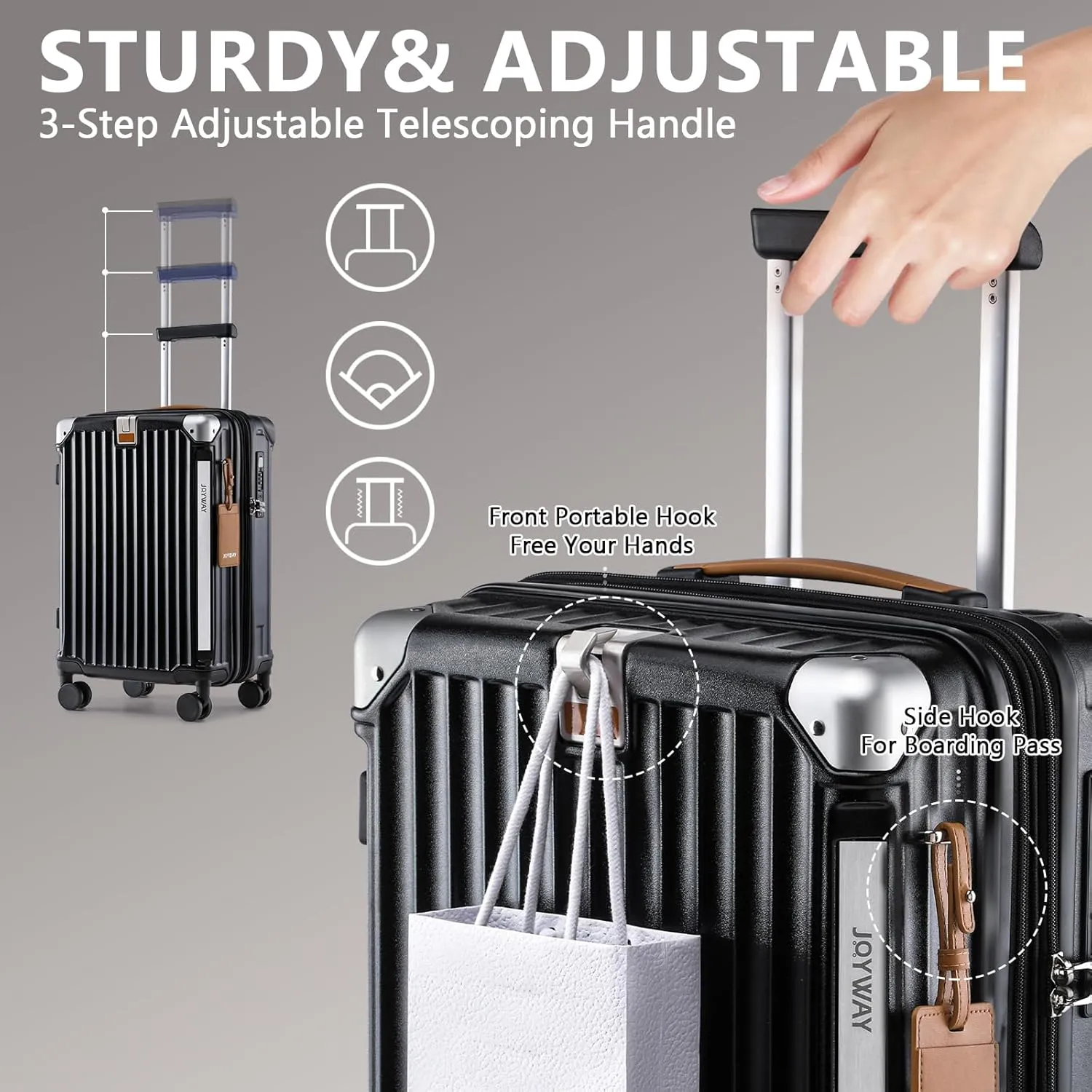 Joyway 20in Carry On Luggage with Cup Holder and USB Port, 25% Expandable Capacity, Smart Suitcase with Anti Slip Wheels and Backpack, Perfect for Men and Women 3 Piece Set Black