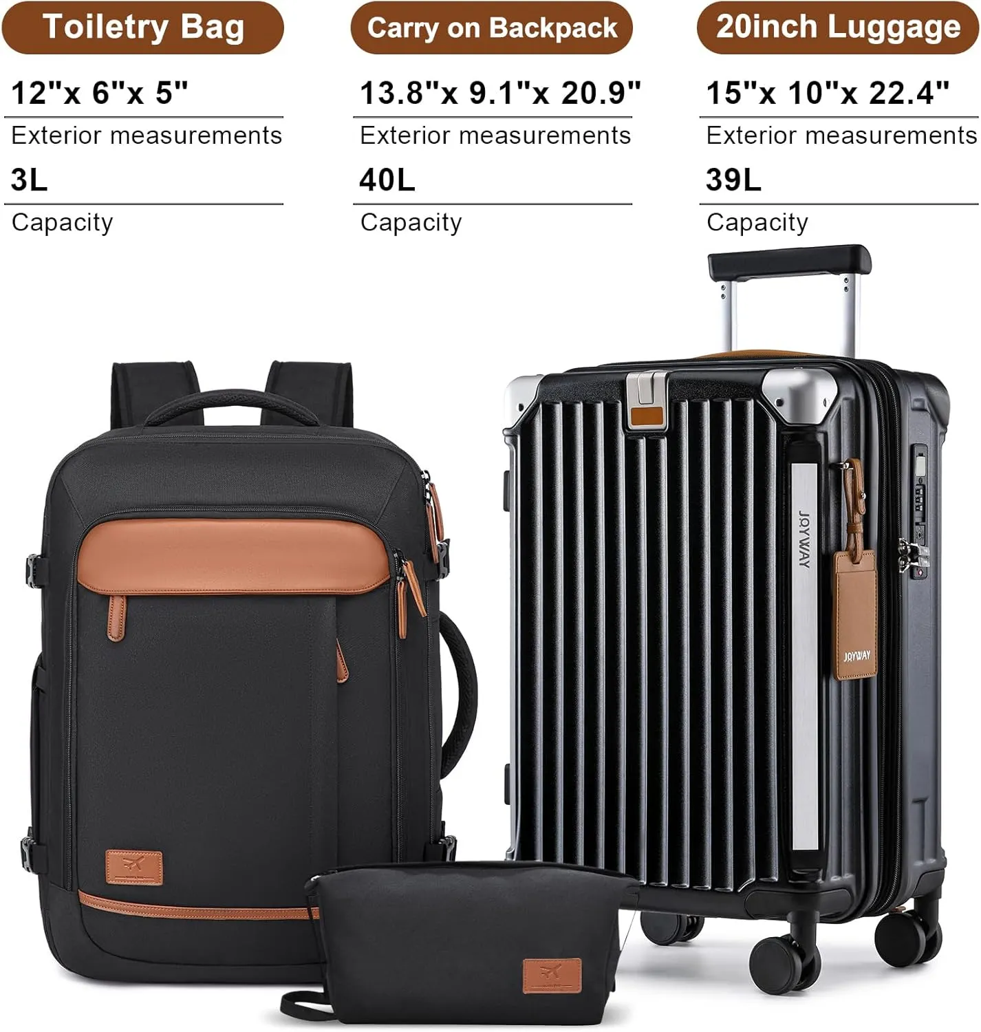 Joyway 20in Carry On Luggage with Cup Holder and USB Port, 25% Expandable Capacity, Smart Suitcase with Anti Slip Wheels and Backpack, Perfect for Men and Women 3 Piece Set Black