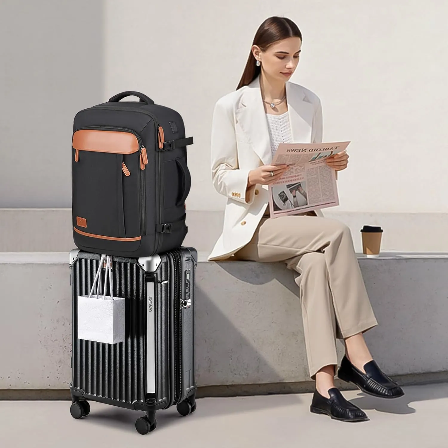 Joyway 20in Carry On Luggage with Cup Holder and USB Port, 25% Expandable Capacity, Smart Suitcase with Anti Slip Wheels and Backpack, Perfect for Men and Women 3 Piece Set Black
