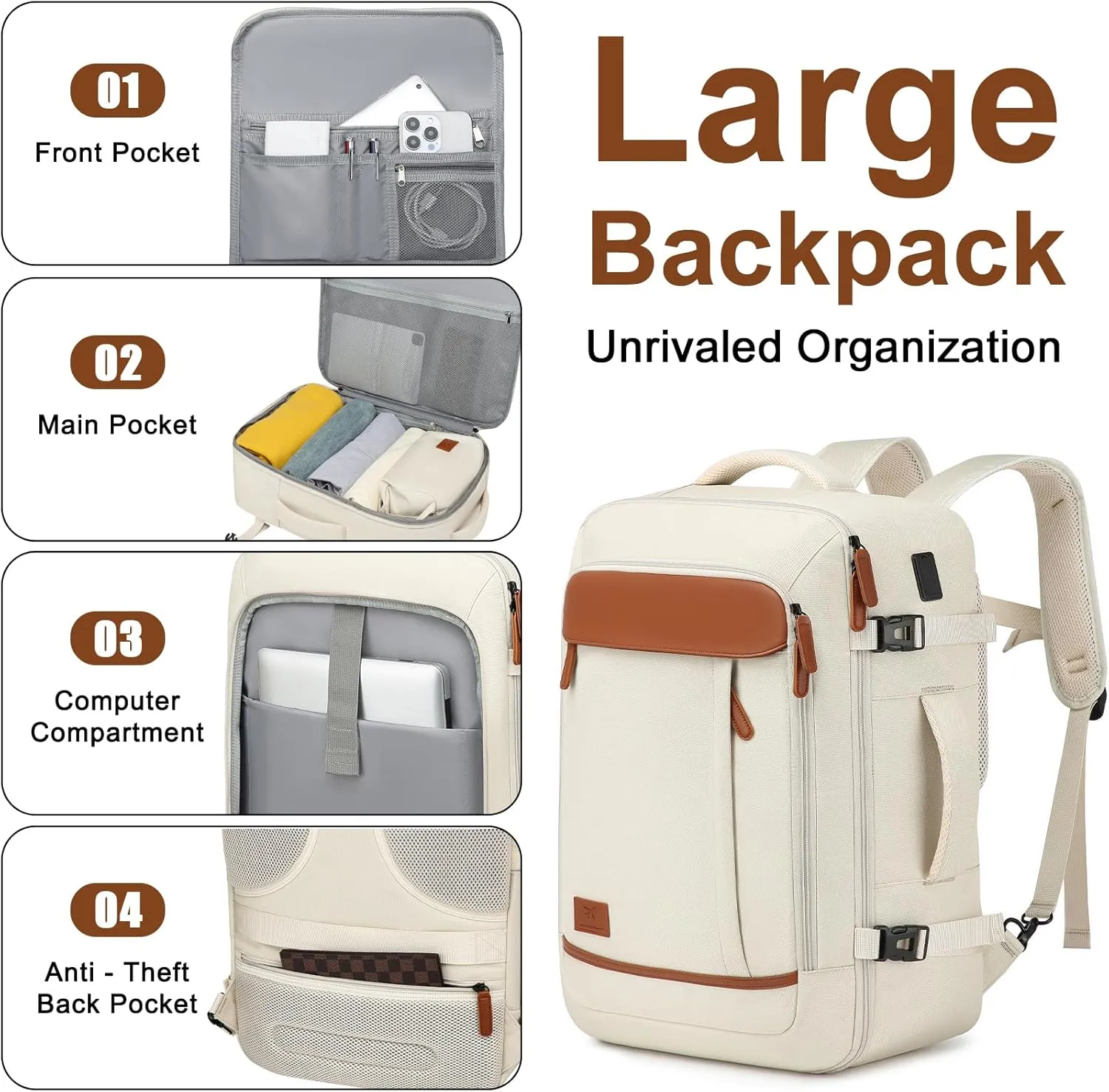Joyway 20in Carry On Luggage with Cup Holder and USB Port, 25% Expandable Capacity, Smart Suitcase with Anti Slip Wheels and Backpack, Perfect for Men and Women 3 Piece Set White