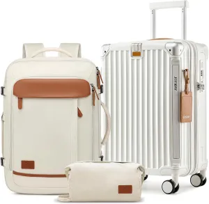 Joyway 20in Carry On Luggage with Cup Holder and USB Port, 25% Expandable Capacity, Smart Suitcase with Anti Slip Wheels and Backpack, Perfect for Men and Women 3 Piece Set White