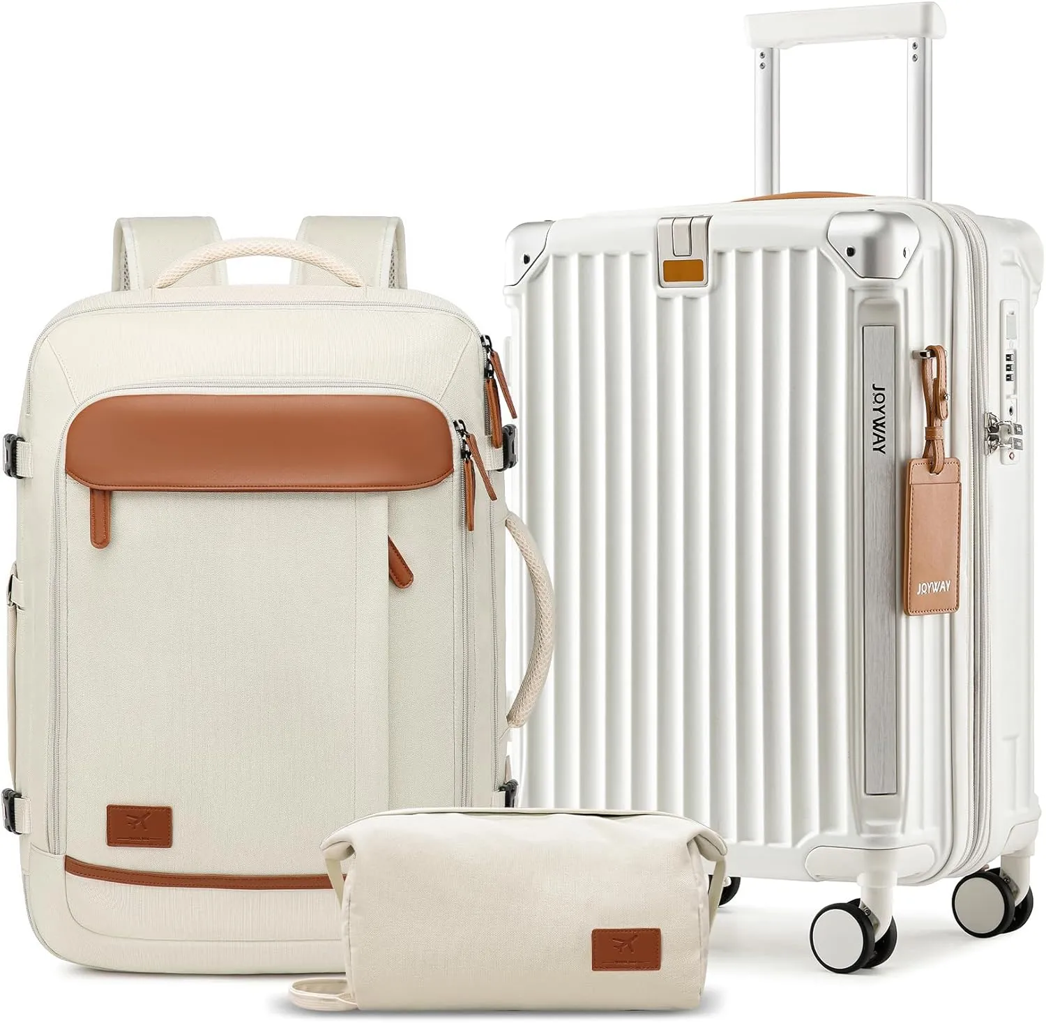 Joyway 20in Carry On Luggage with Cup Holder and USB Port, 25% Expandable Capacity, Smart Suitcase with Anti Slip Wheels and Backpack, Perfect for Men and Women 3 Piece Set White