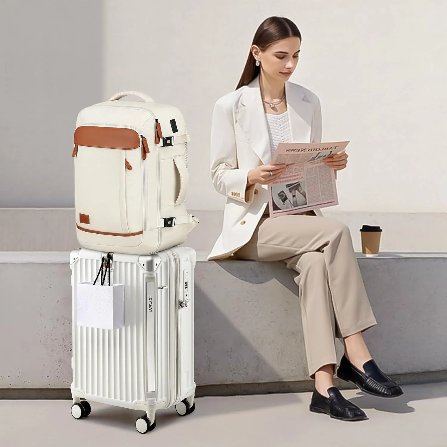 Joyway 20in Carry On Luggage with Cup Holder and USB Port, 25% Expandable Capacity, Smart Suitcase with Anti Slip Wheels and Backpack, Perfect for Men and Women 3 Piece Set White
