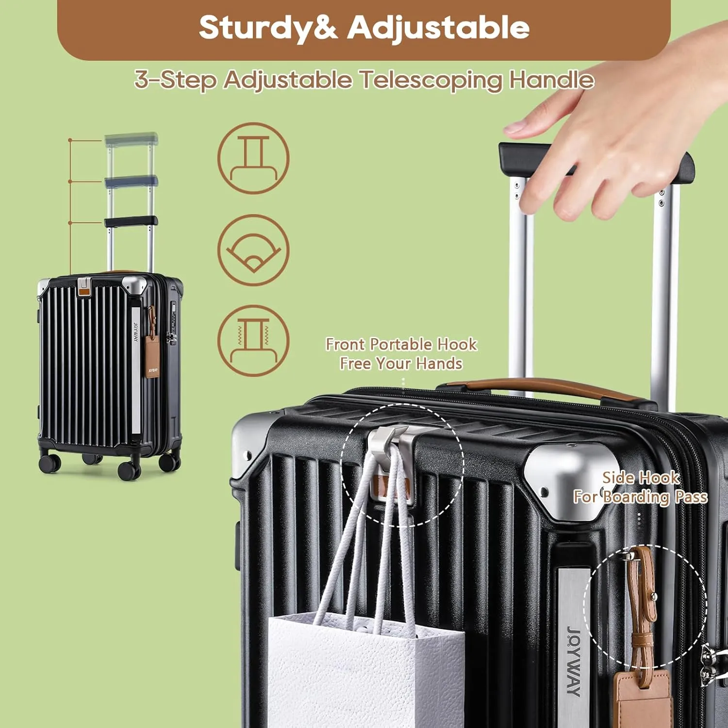 Joyway 20in Carry On Luggage with Cup Holder and USB Port, 25% Expandable Capacity, Smart Suitcase with Anti Slip Wheels and Handbag, Perfect for Men and Women 3 Piece Set Black