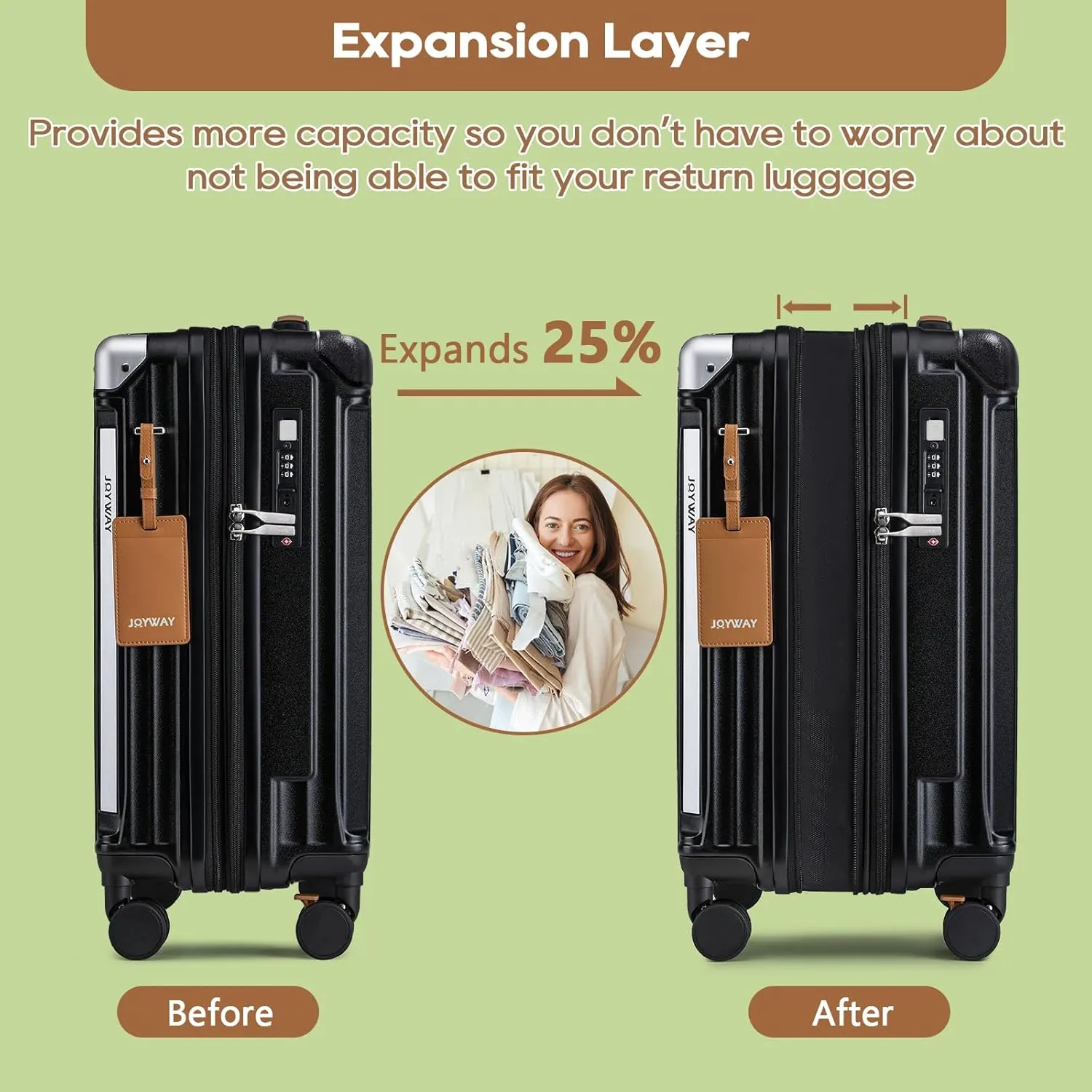 Joyway Carry On Luggage, Expandable Suitcase with Smart Cup Holder and USB Port, 20 IN Hardside Checked with TSA Lock Spinner Double Wheels, Black