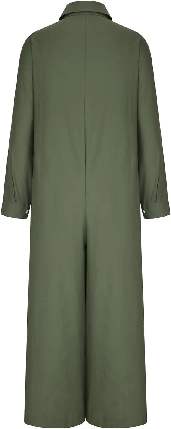 jsaierl Women Cotton Linen Long Sleeve Button Down Wide Leg Jumpsuits 2025 Casual Comfy Lightweight Summer Plus Size Romper