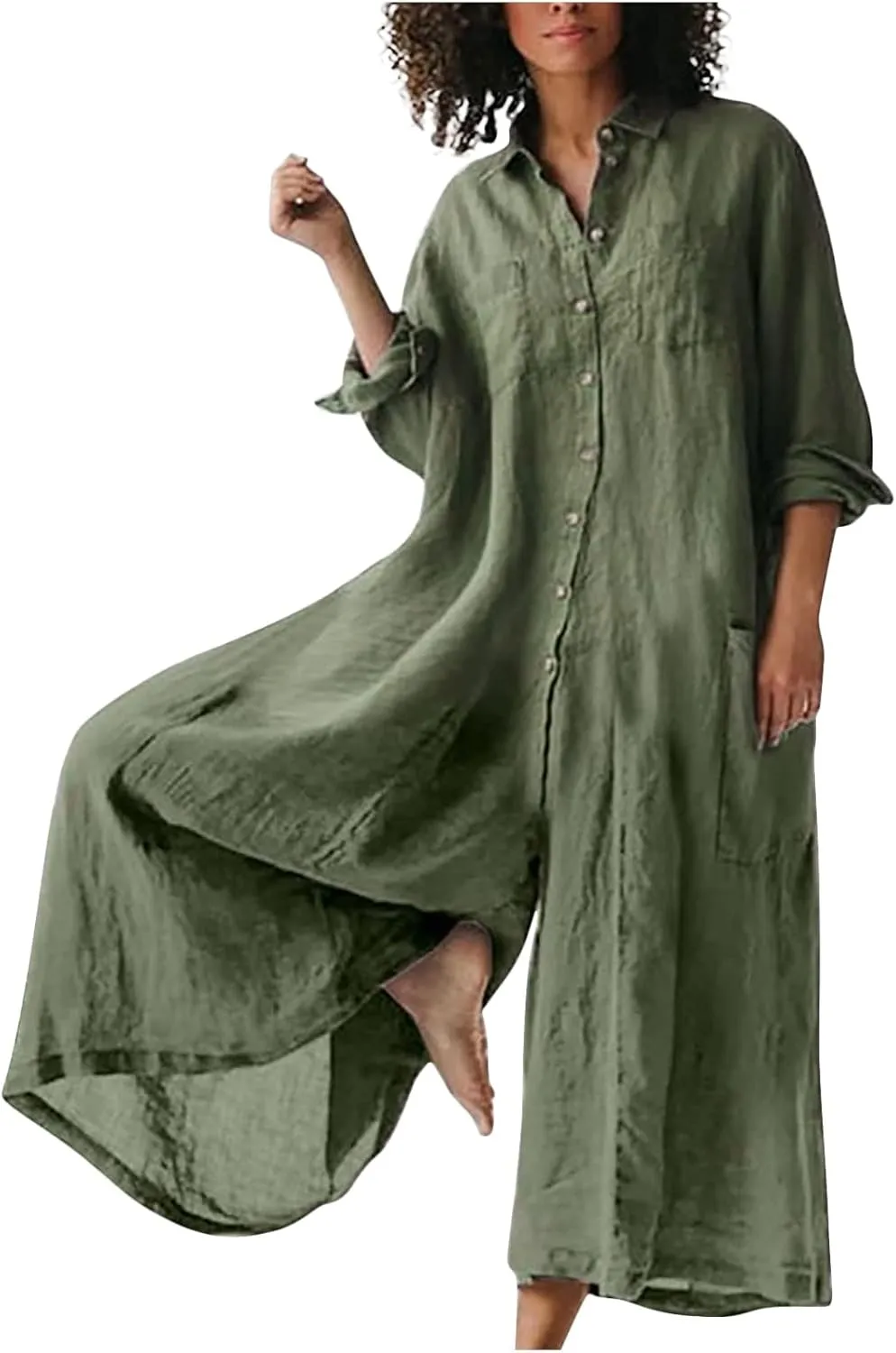 jsaierl Women Cotton Linen Long Sleeve Button Down Wide Leg Jumpsuits 2025 Casual Comfy Lightweight Summer Plus Size Romper