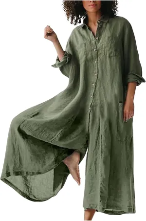 jsaierl Women Cotton Linen Long Sleeve Button Down Wide Leg Jumpsuits 2025 Casual Comfy Lightweight Summer Plus Size Romper
