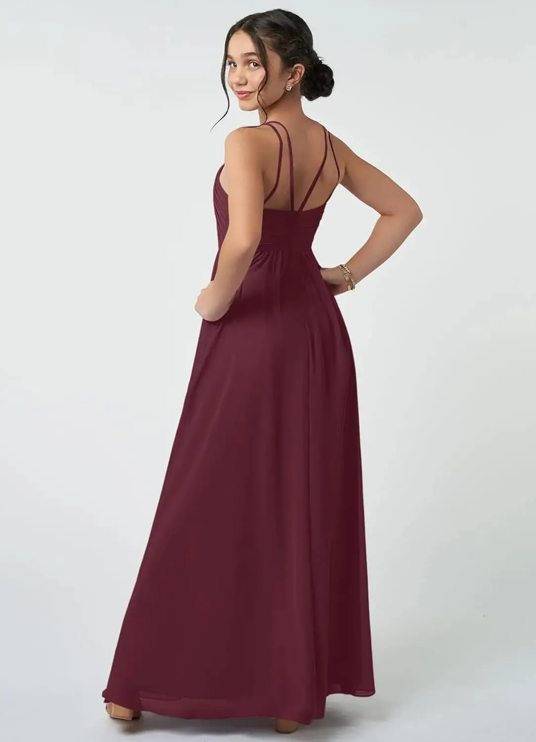 Junior Girls Bridesmaid Dress for Wedding Chiffon Halter Flower Girl Dresses for Teen with Slit
