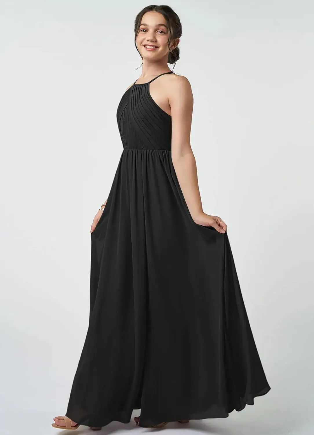 Junior Girls Bridesmaid Dress for Wedding Chiffon Halter Flower Girl Dresses for Teen with Slit