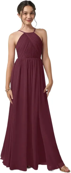 Junior Girls Bridesmaid Dress for Wedding Chiffon Halter Flower Girl Dresses for Teen with Slit