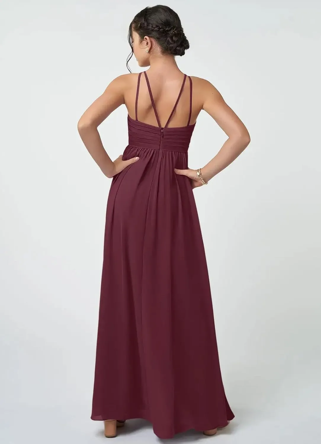 Junior Girls Bridesmaid Dress for Wedding Chiffon Halter Flower Girl Dresses for Teen with Slit