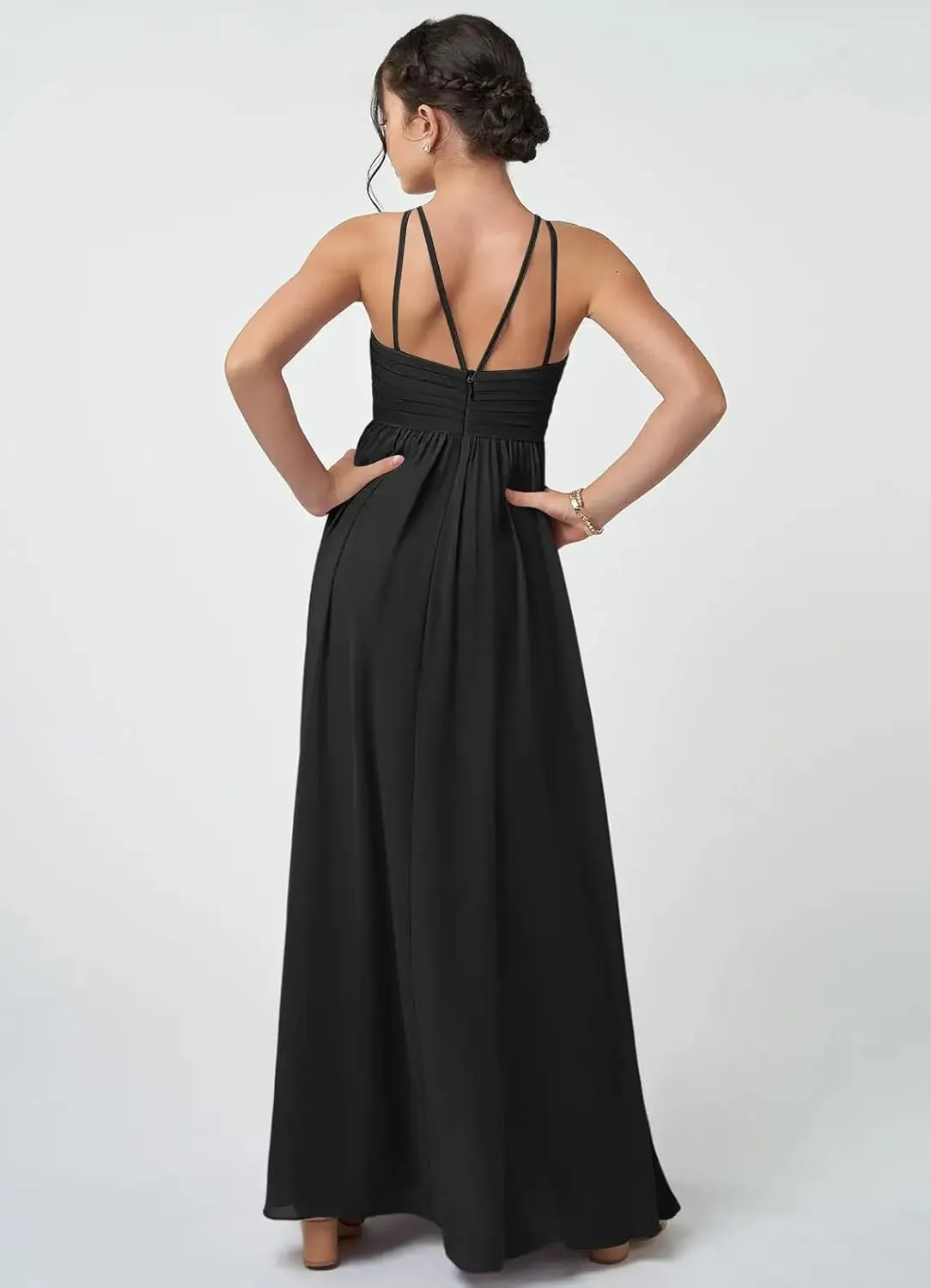 Junior Girls Bridesmaid Dress for Wedding Chiffon Halter Flower Girl Dresses for Teen with Slit
