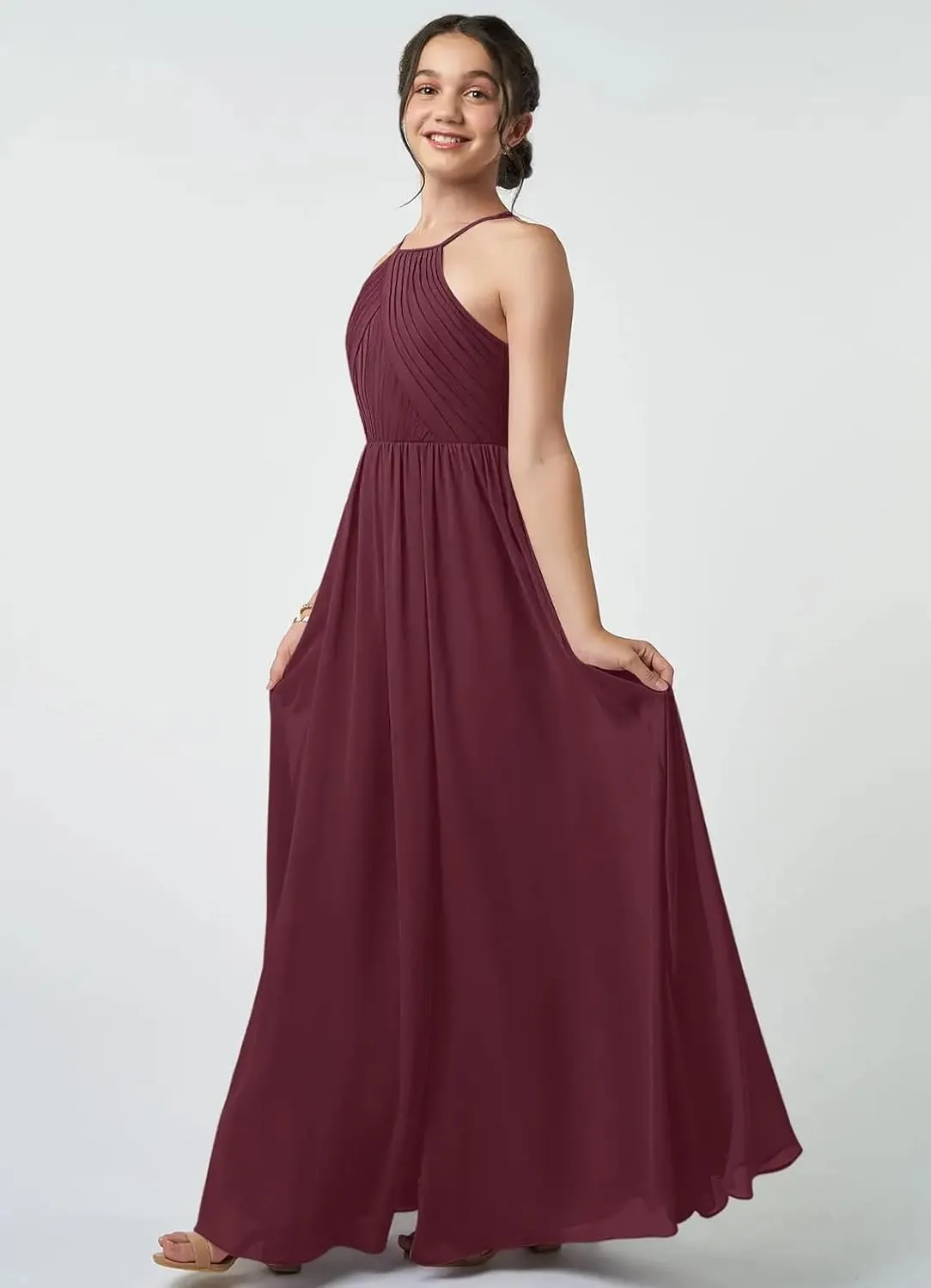 Junior Girls Bridesmaid Dress for Wedding Chiffon Halter Flower Girl Dresses for Teen with Slit