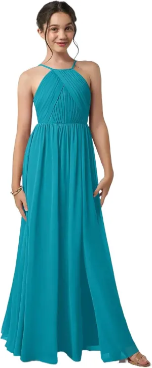 Junior Girls Bridesmaid Dress for Wedding Chiffon Halter Flower Girl Dresses for Teen with Slit
