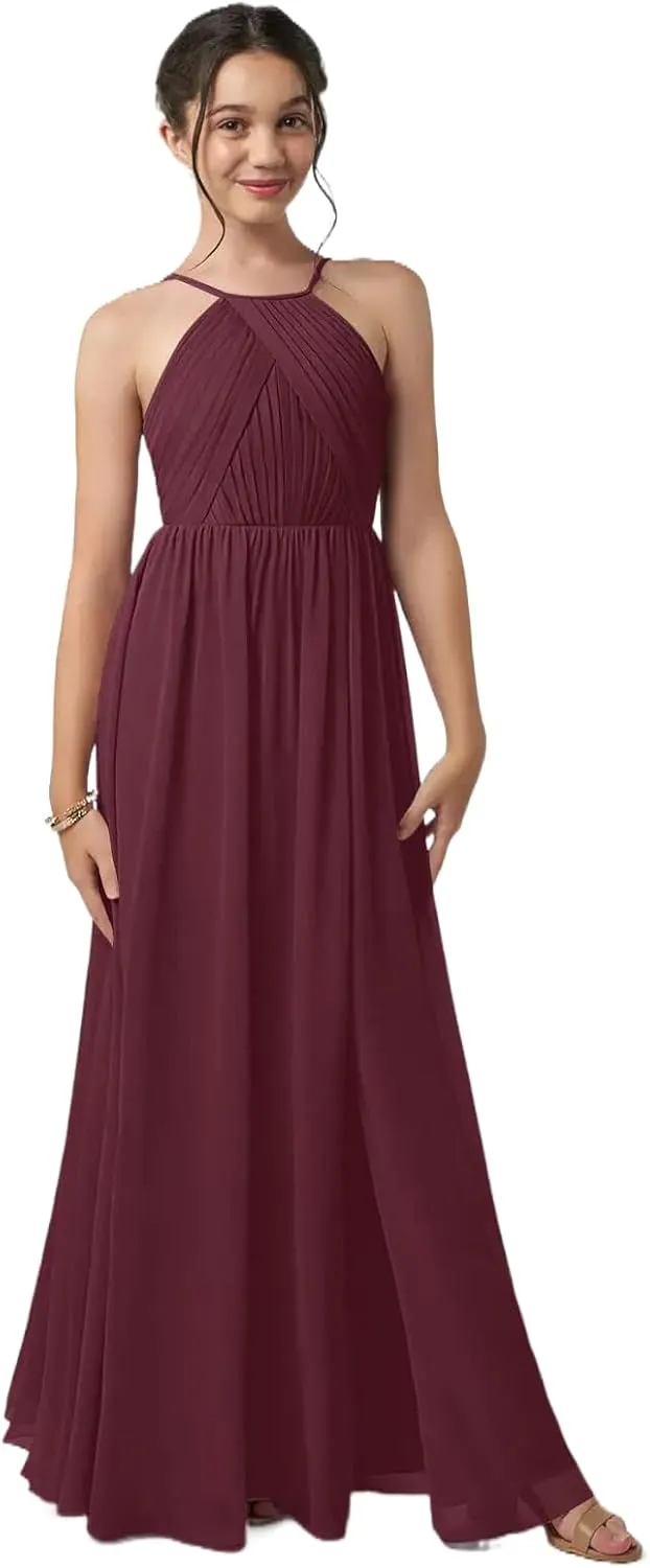Junior Girls Bridesmaid Dress for Wedding Chiffon Halter Flower Girl Dresses for Teen with Slit