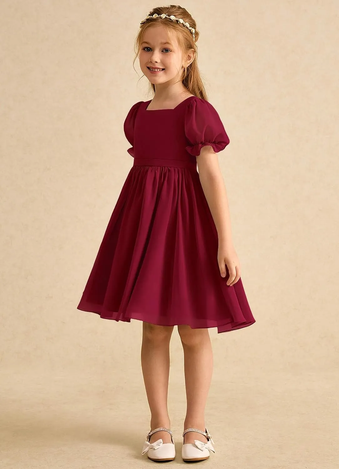 Junior Girls Bridesmaid Dress for Wedding Chiffon Short Puff Sleeve Flower Girl Dresses for Teen with Bow Back JR032