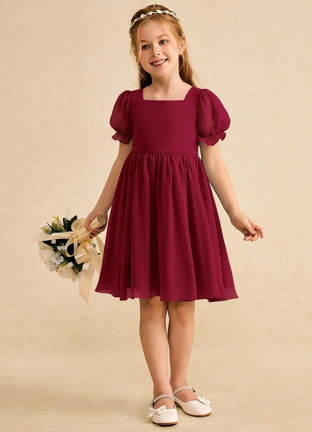 Junior Girls Bridesmaid Dress for Wedding Chiffon Short Puff Sleeve Flower Girl Dresses for Teen with Bow Back JR032