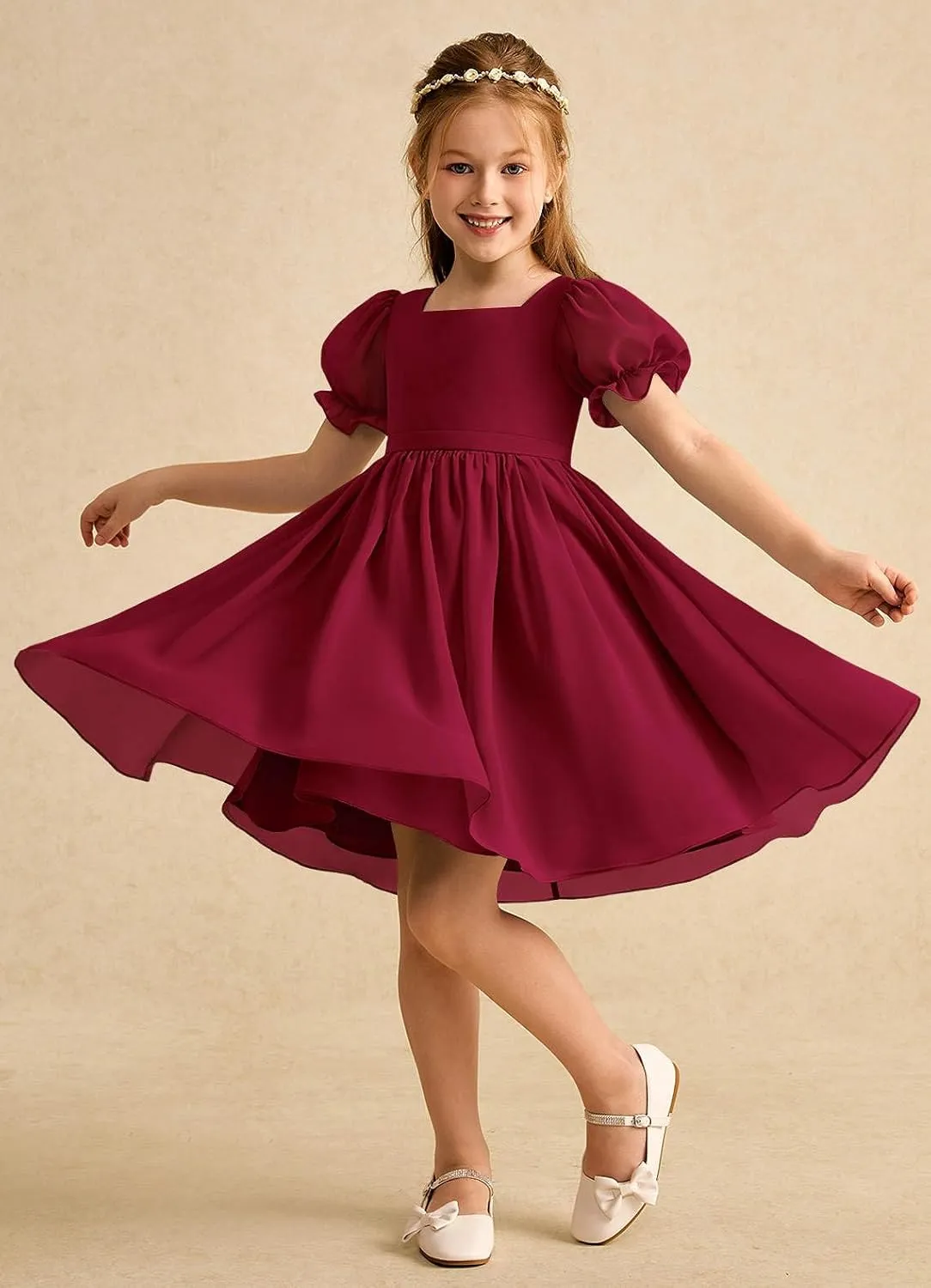 Junior Girls Bridesmaid Dress for Wedding Chiffon Short Puff Sleeve Flower Girl Dresses for Teen with Bow Back JR032