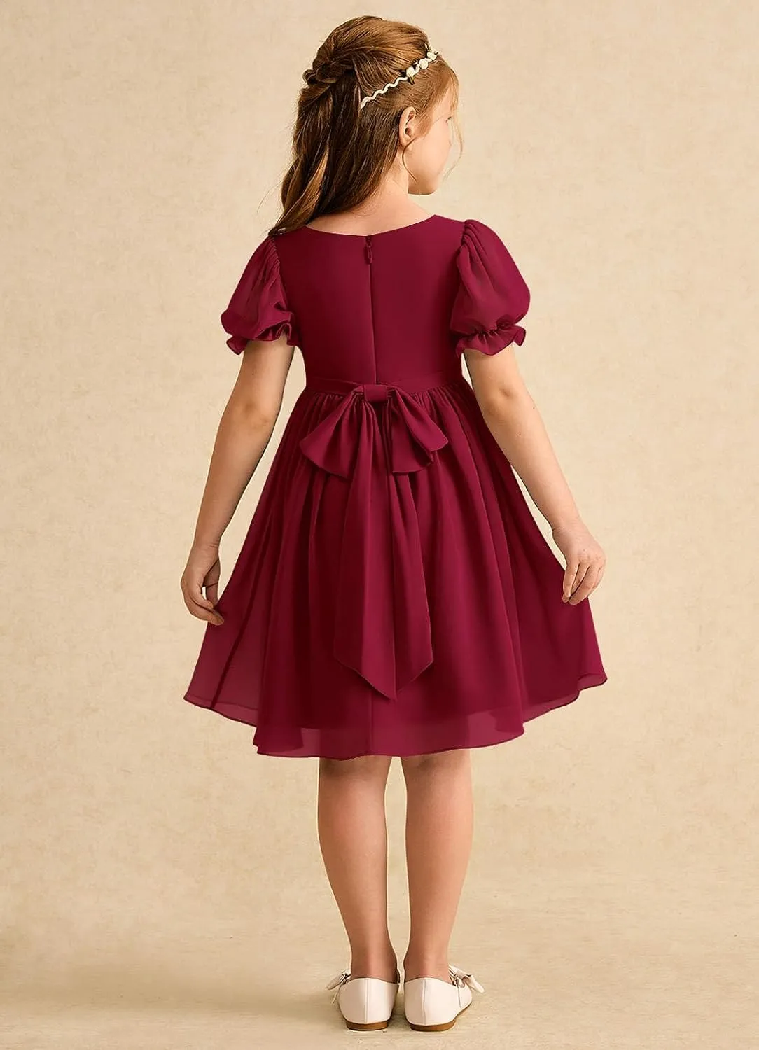 Junior Girls Bridesmaid Dress for Wedding Chiffon Short Puff Sleeve Flower Girl Dresses for Teen with Bow Back JR032