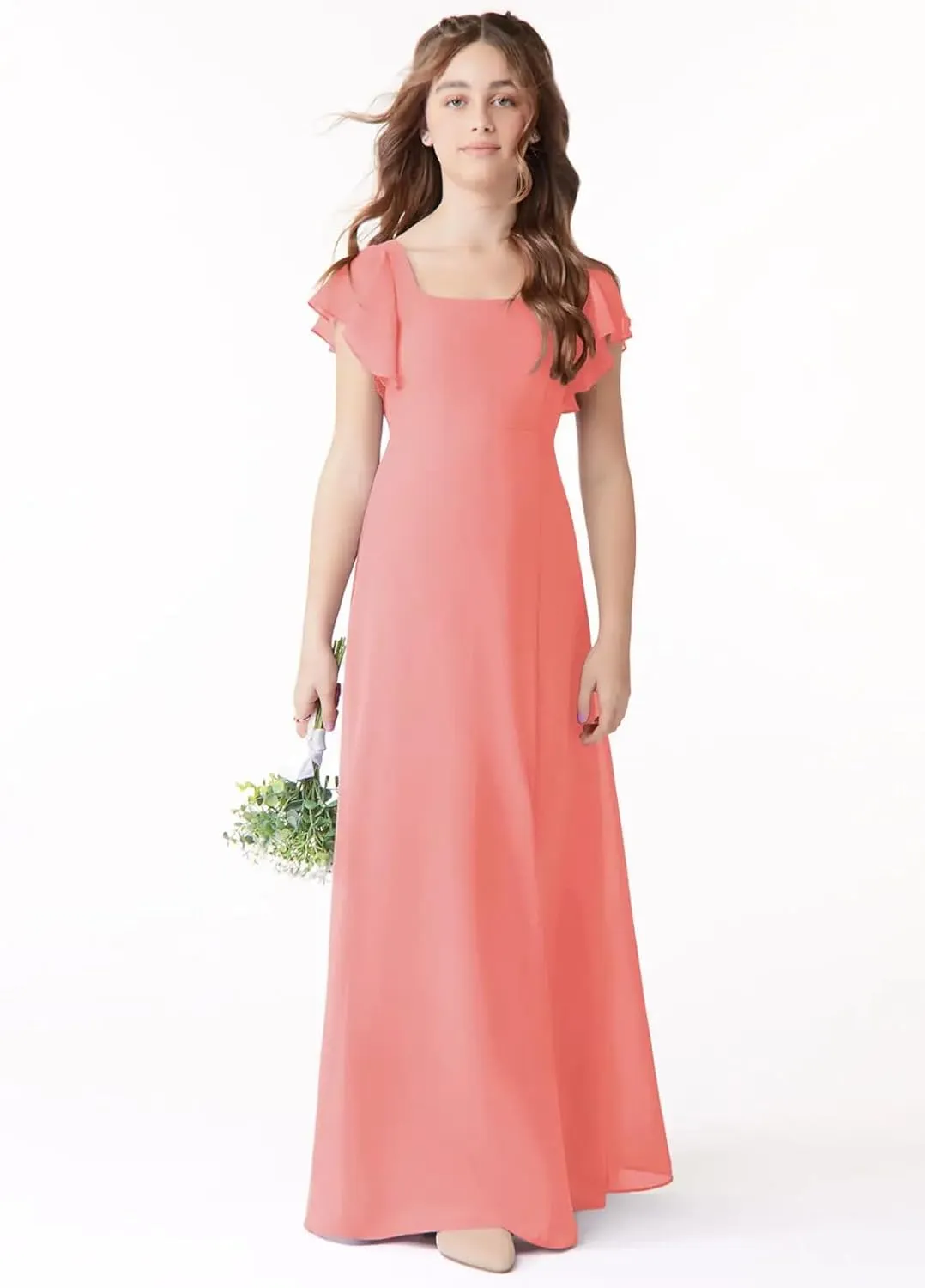 Junior Girls Bridesmaid Dress for Wedding Chiffon Short Sleeve Flower Girl Dresses for Teen with Slit JR001