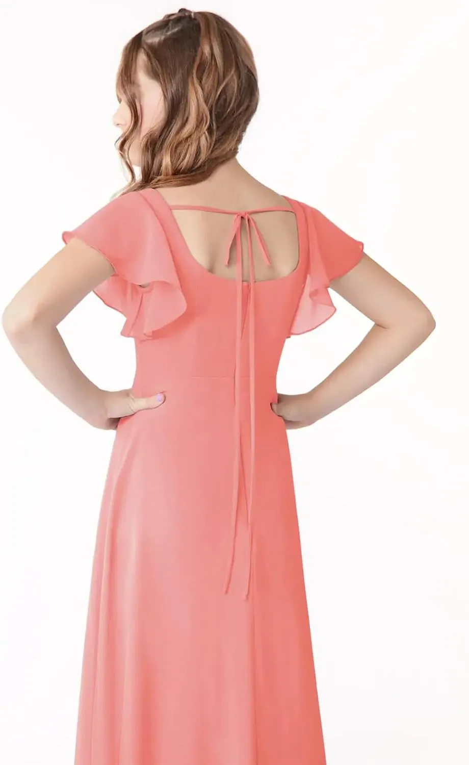 Junior Girls Bridesmaid Dress for Wedding Chiffon Short Sleeve Flower Girl Dresses for Teen with Slit JR001