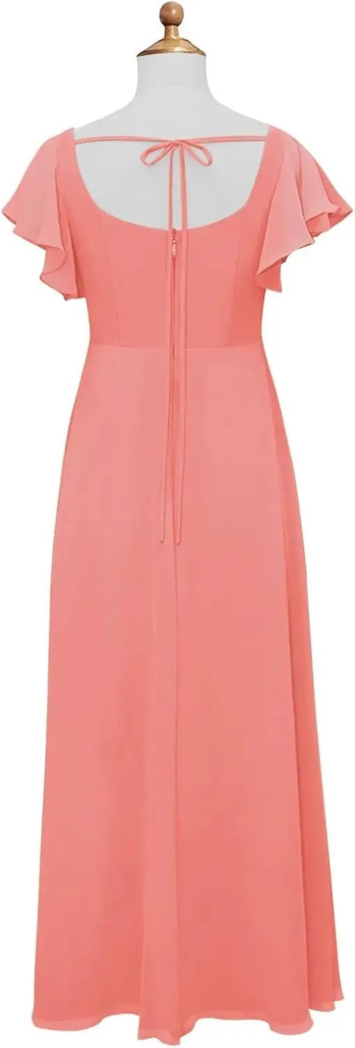 Junior Girls Bridesmaid Dress for Wedding Chiffon Short Sleeve Flower Girl Dresses for Teen with Slit JR001