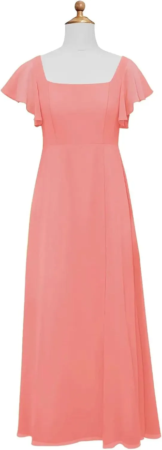 Junior Girls Bridesmaid Dress for Wedding Chiffon Short Sleeve Flower Girl Dresses for Teen with Slit JR001