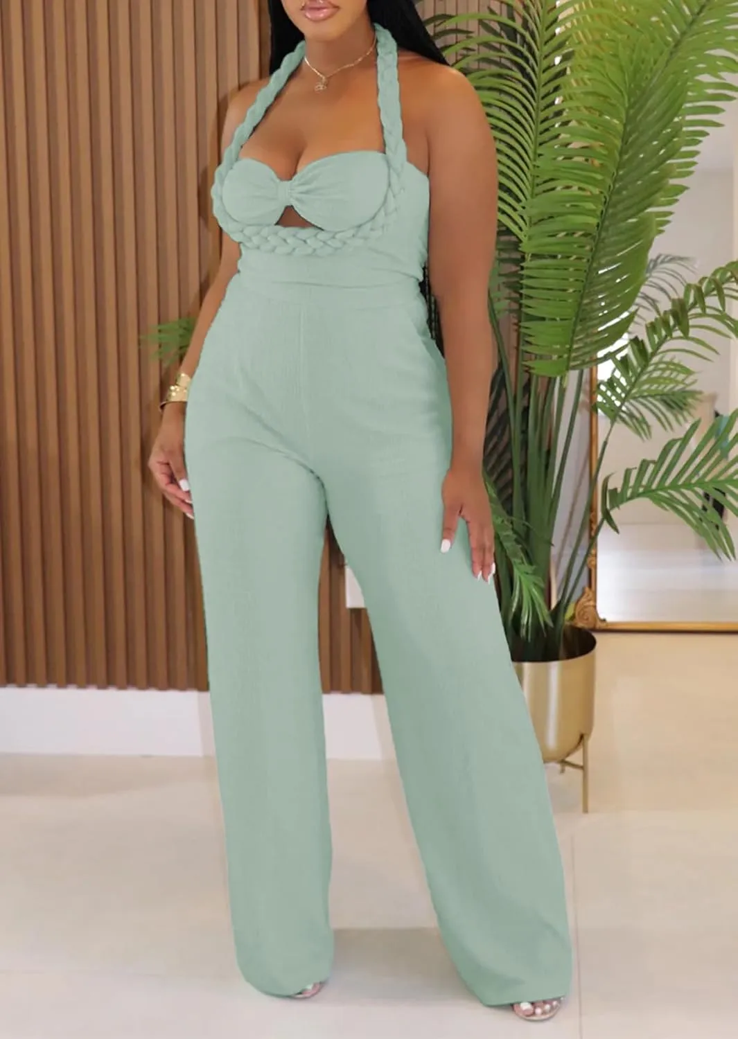 JYAOVO Women's Braided Halter High Waist Wide Leg Sleeveless Cut Out Front Long Romper Maxi Jumpsuit with Pockets