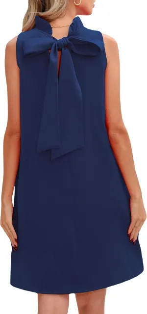 Kedera Women's Summer Casual Mini Dress Ruffle Mock Neck Sleeveless Loose Dress Swing Solid Shift Dress with Bow