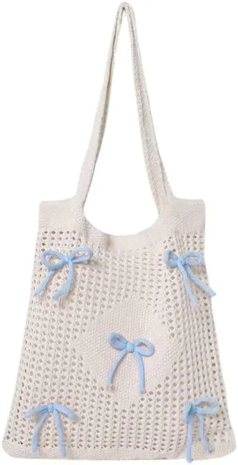 Knitted Shoulder Bag Mesh Beach Bag Bow Tote Bag For Women Coquette Purse Cute Slouchy Handbag Travel Shopping