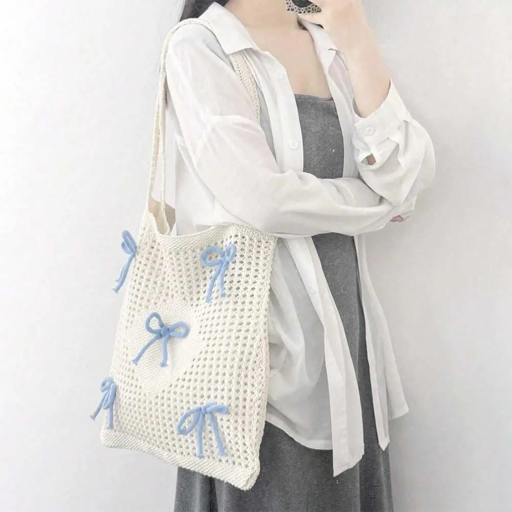 Knitted Shoulder Bag Mesh Beach Bag Bow Tote Bag For Women Coquette Purse Cute Slouchy Handbag Travel Shopping