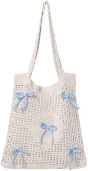 Knitted Shoulder Bag Mesh Beach Bag Bow Tote Bag For Women Coquette Purse Cute Slouchy Handbag Travel Shopping