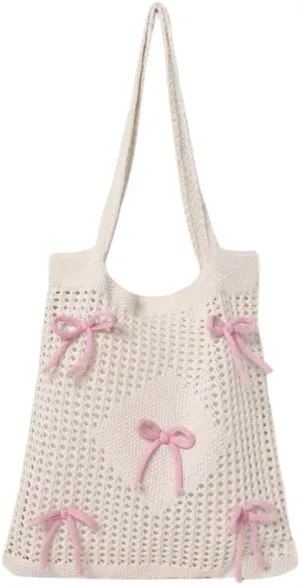 Knitted Shoulder Bag Mesh Beach Bag Bow Tote Bag For Women Coquette Purse Cute Slouchy Handbag Travel Shopping
