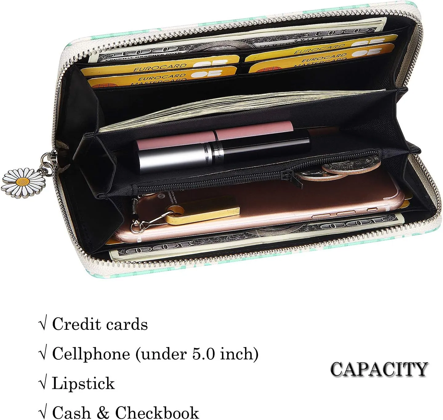 KUKOO Womens Printed Zip Around Wallet Phone Clutch Purse Card Holder Organizer