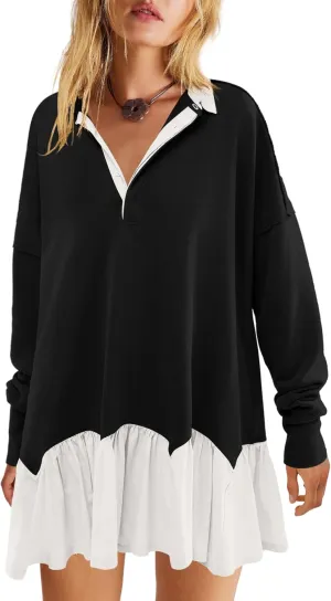LAMISSCHE Womens Sweatshirt Dress Oversized Long Sleeve V Neck Pullover Tops Flowy Ruffle Patchwork Mini Dress