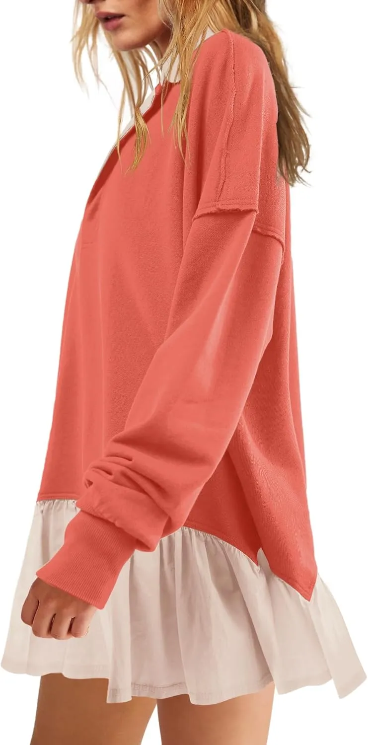 LAMISSCHE Womens Sweatshirt Dress Oversized Long Sleeve V Neck Pullover Tops Flowy Ruffle Patchwork Mini Dress