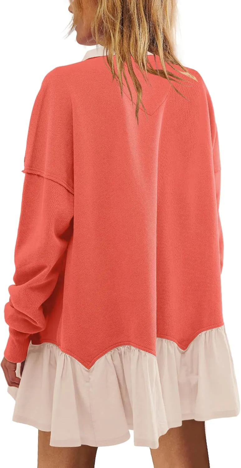 LAMISSCHE Womens Sweatshirt Dress Oversized Long Sleeve V Neck Pullover Tops Flowy Ruffle Patchwork Mini Dress