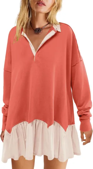 LAMISSCHE Womens Sweatshirt Dress Oversized Long Sleeve V Neck Pullover Tops Flowy Ruffle Patchwork Mini Dress