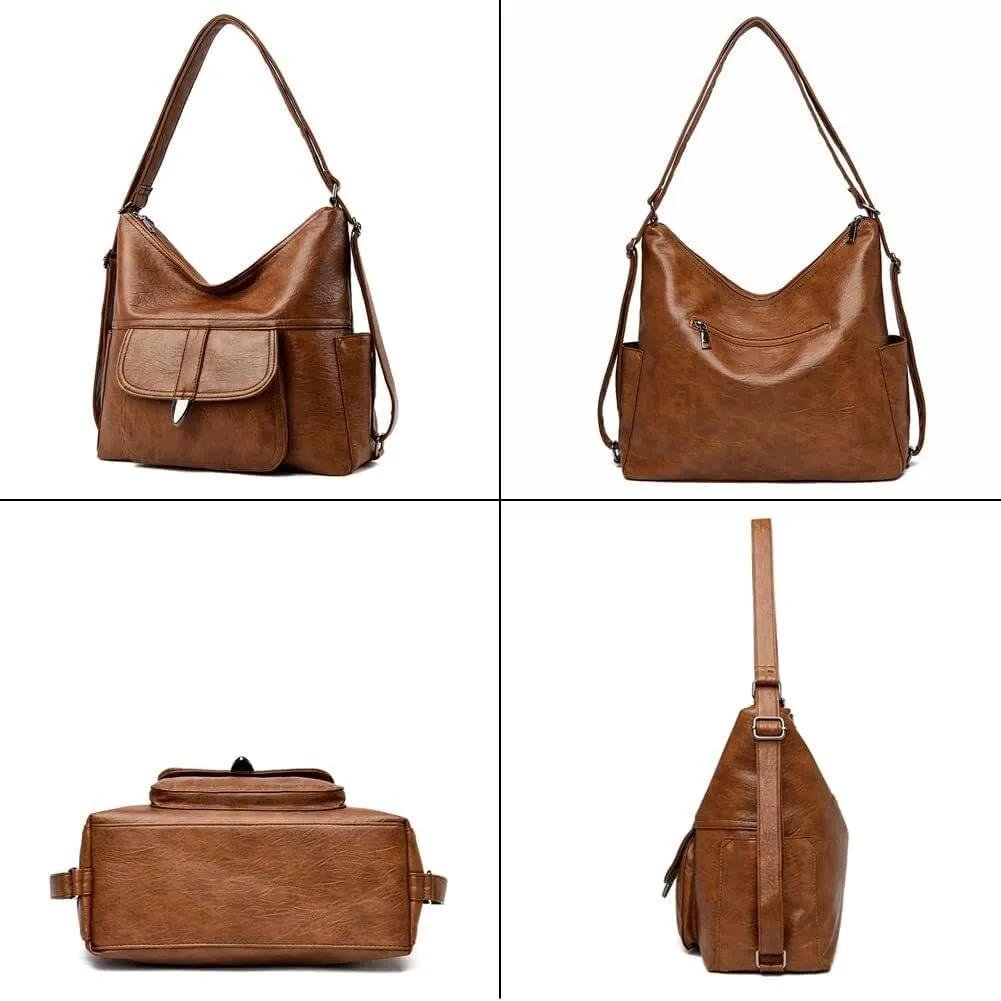 Leather Hobo Shoulder Purse Large Capacity Backpack Multi Pockets Shoulders Tote Handbag for Women