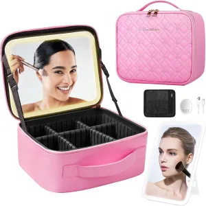 Lighted Makeup Case, Travel Make Up Organizer Bag Cosmetic Case with Adjustable Lighted Mirror 3 Color and 10x Magnifying Mirror, Adjustable Dividers Makeup Train Case Gift for Women (Pink)