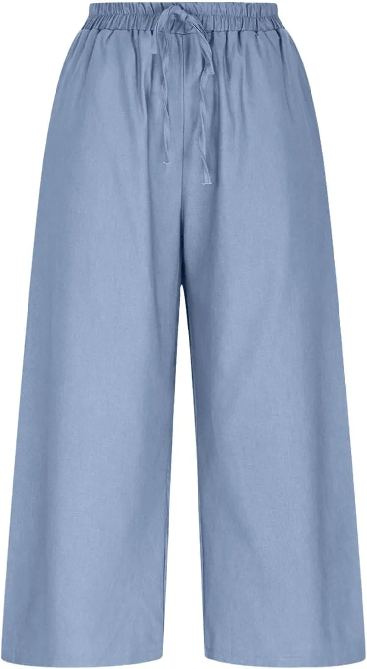 Linen Capri Pants for Women 2025 Casual Elastic Waist Cropped Trouser Trendy Resort Wear Beach Vacation Capris Clothes