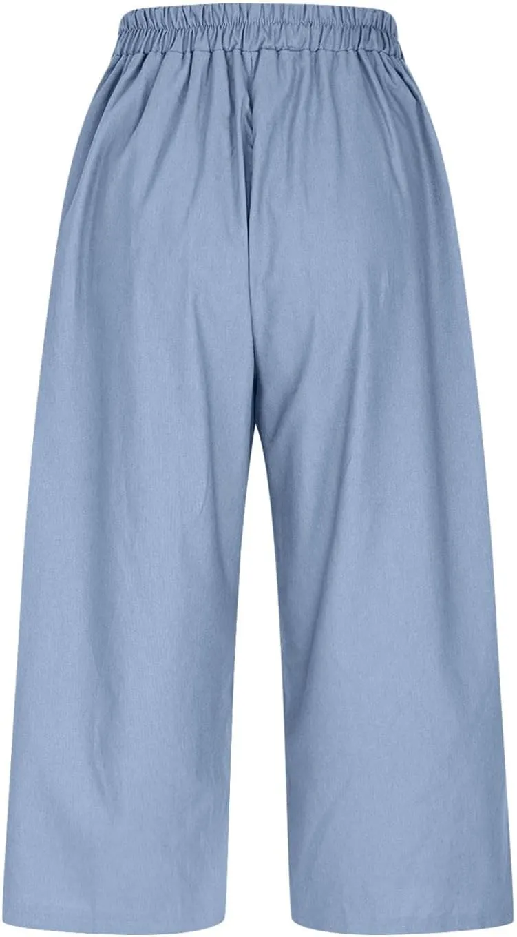 Linen Capri Pants for Women 2025 Casual Elastic Waist Cropped Trouser Trendy Resort Wear Beach Vacation Capris Clothes