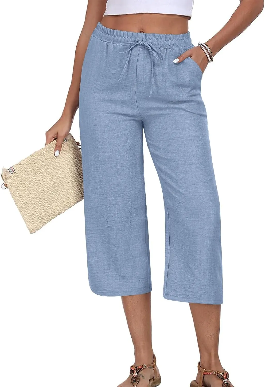Linen Capri Pants for Women 2025 Casual Elastic Waist Cropped Trouser Trendy Resort Wear Beach Vacation Capris Clothes