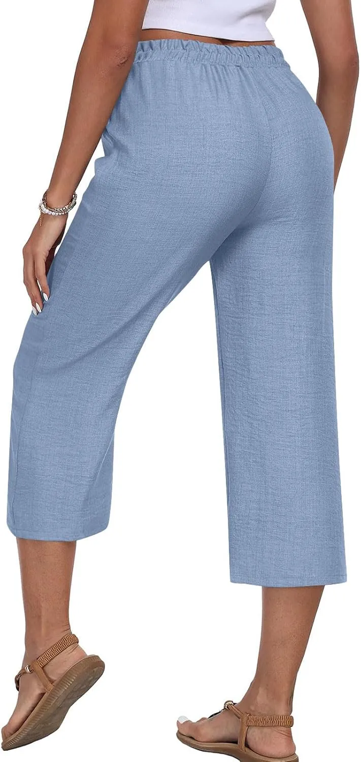 Linen Capri Pants for Women 2025 Casual Elastic Waist Cropped Trouser Trendy Resort Wear Beach Vacation Capris Clothes