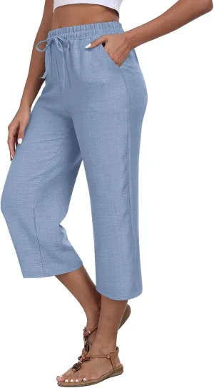Linen Capri Pants for Women 2025 Casual Elastic Waist Cropped Trouser Trendy Resort Wear Beach Vacation Capris Clothes