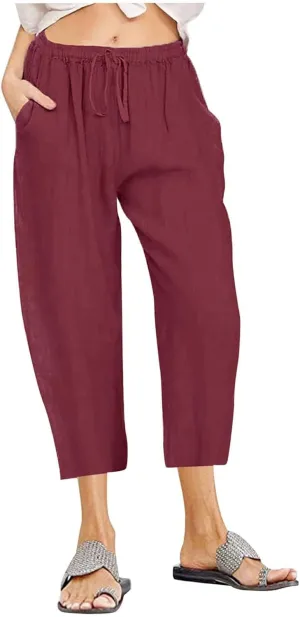 Linen Capri Pants for Women Cotton Casual Summer Capris Drawstring High Waist Pants Wide Leg Cropped Trousers