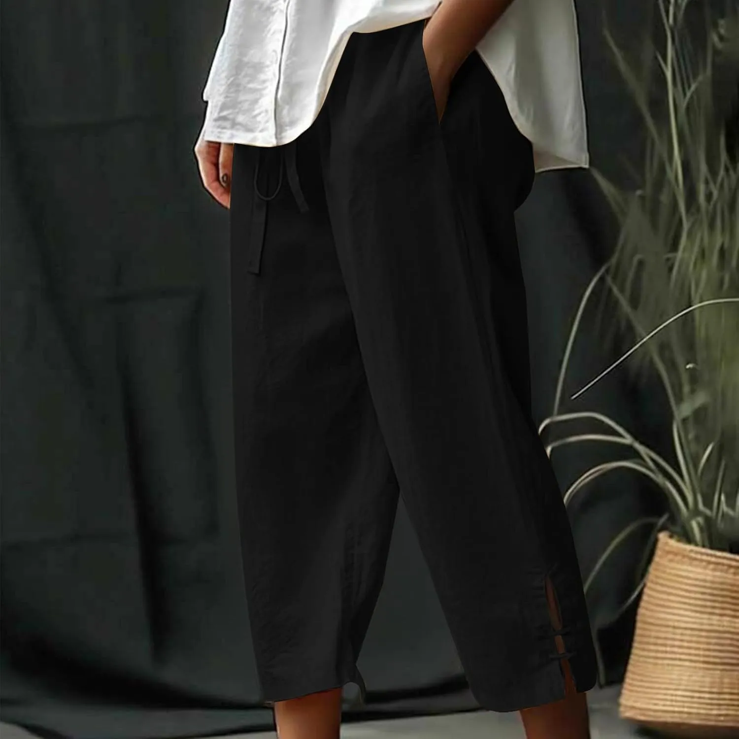 Linen Capri Pants Women Summer 2025 Drawstring High Waist Lounge Pant Wide Leg Beach Resort Wear Cropped Trousers